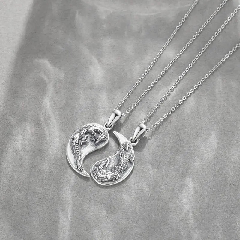Sterling Silver Dragon & Phoenix Heart Pendant Couples Necklaces for Best Friends Forever (BFF) Set