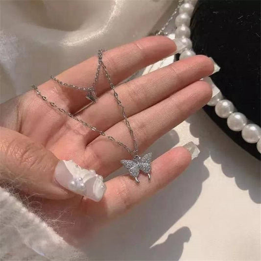 Necklace Womens Silver Plated Double Layer Butterfly Trendy
