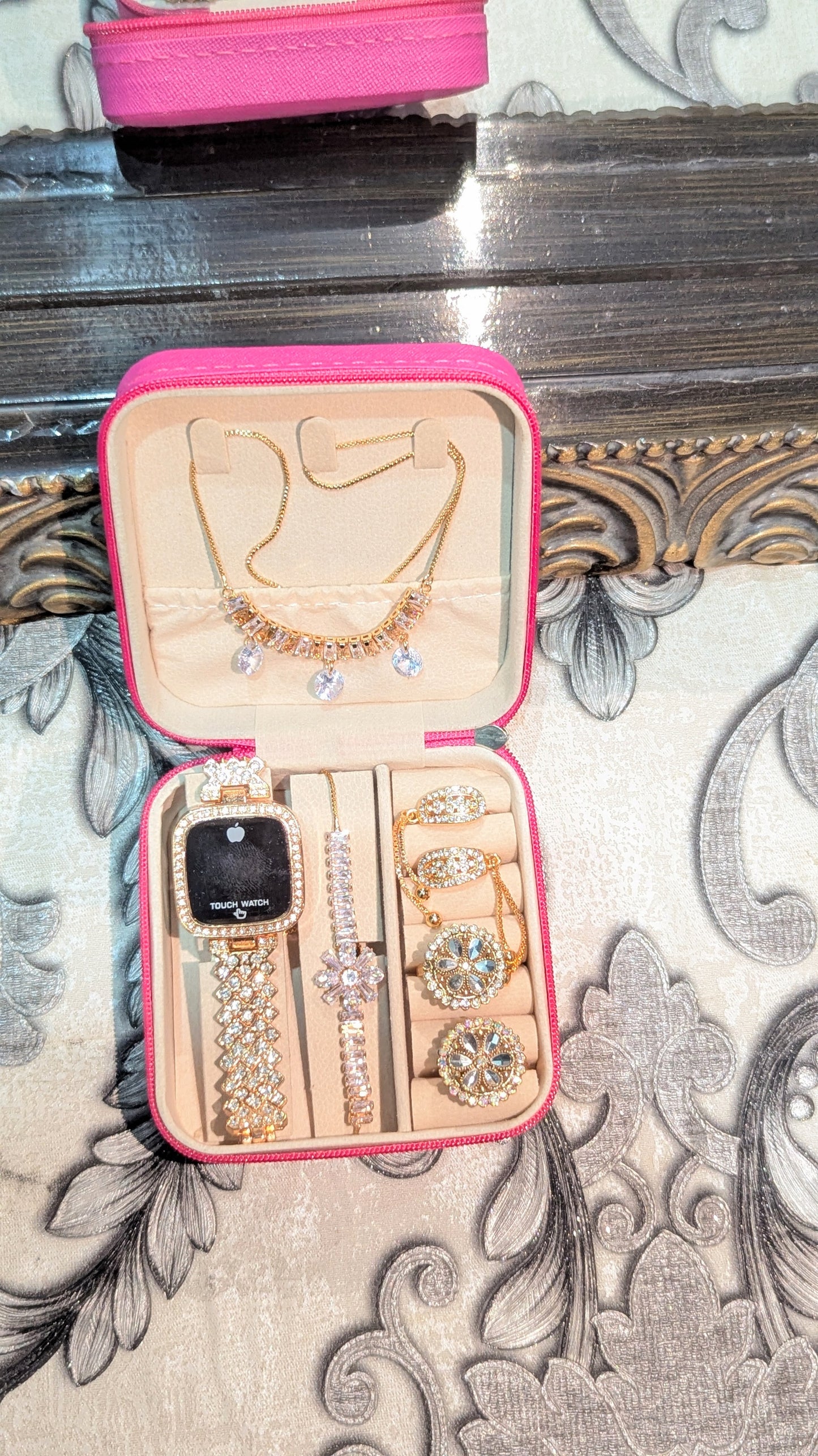 Ladies Jawllery Box - Golden - With Watch, Ring, Braclet, Chain, Ear Rings
