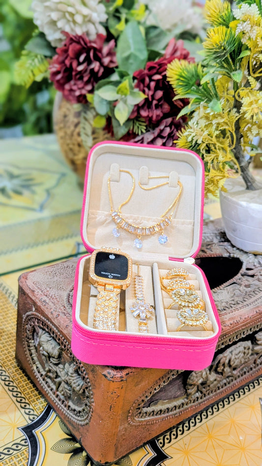 Ladies Jawllery Box - Golden - With Watch, Ring, Braclet, Chain, Ear Rings