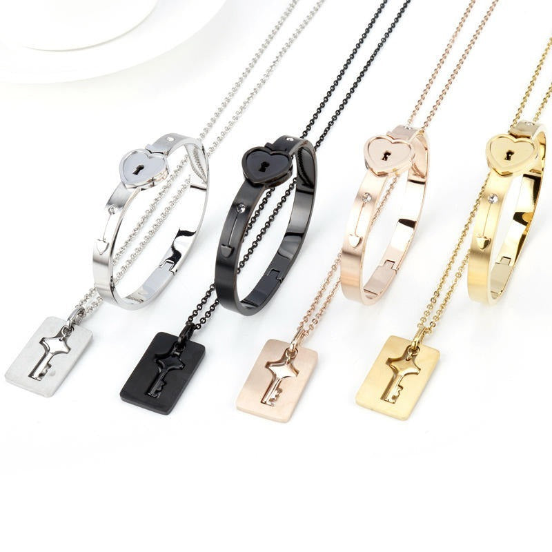 Lock & Key Couple Bracelet Necklace Set