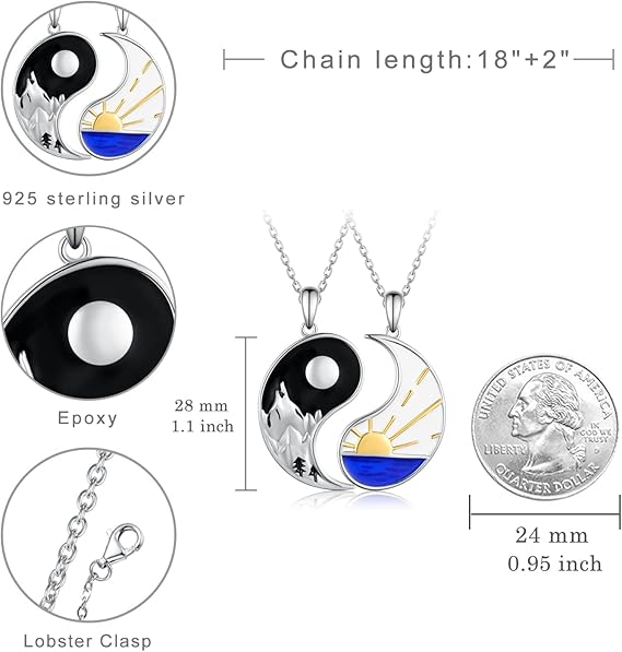 Matching Couples Necklace Sterling Silver Yin Yang Couples Necklace for him and her Couple gifts for Women Men, Sterling Silver, No Gemstone