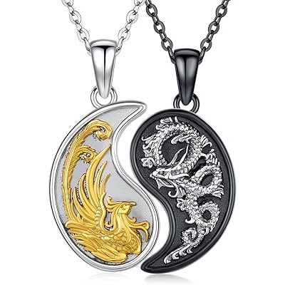 Yin Yang Dragon/Phoenix/Koi Fish Necklace 925 Sterling Silver Yin Yang Couples Matching Pendant Friendship BFF Necklace Jewelry For Her Him With Gifts Box