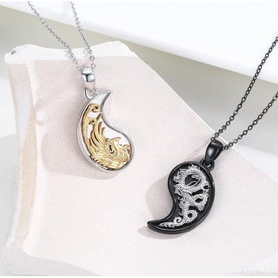 Yin Yang Dragon/Phoenix/Koi Fish Necklace 925 Sterling Silver Yin Yang Couples Matching Pendant Friendship BFF Necklace Jewelry For Her Him With Gifts Box