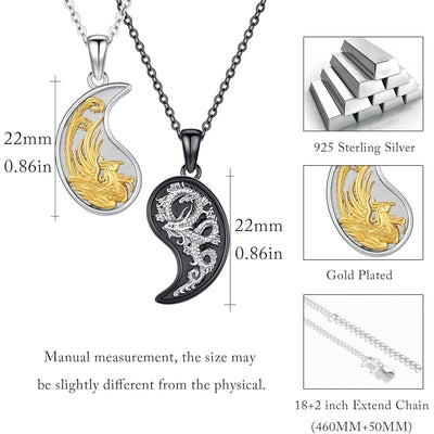 Yin Yang Dragon/Phoenix/Koi Fish Necklace 925 Sterling Silver Yin Yang Couples Matching Pendant Friendship BFF Necklace Jewelry For Her Him With Gifts Box