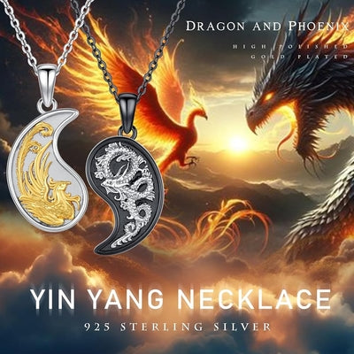 Yin Yang Dragon/Phoenix/Koi Fish Necklace 925 Sterling Silver Yin Yang Couples Matching Pendant Friendship BFF Necklace Jewelry For Her Him With Gifts Box