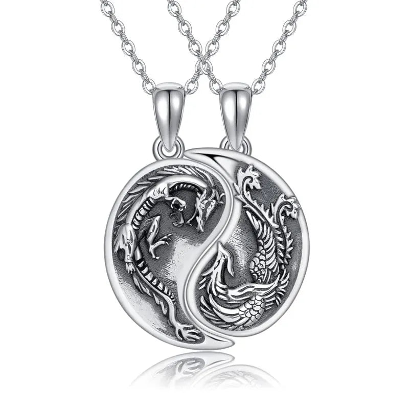 Sterling Silver Dragon & Phoenix Heart Pendant Couples Necklaces for Best Friends Forever (BFF) Set