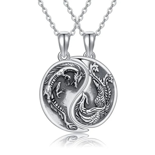 Sterling Silver Dragon & Phoenix Heart Pendant Couples Necklaces for Best Friends Forever (BFF) Set