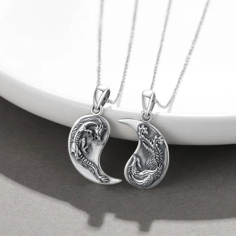 Sterling Silver Dragon & Phoenix Heart Pendant Couples Necklaces for Best Friends Forever (BFF) Set