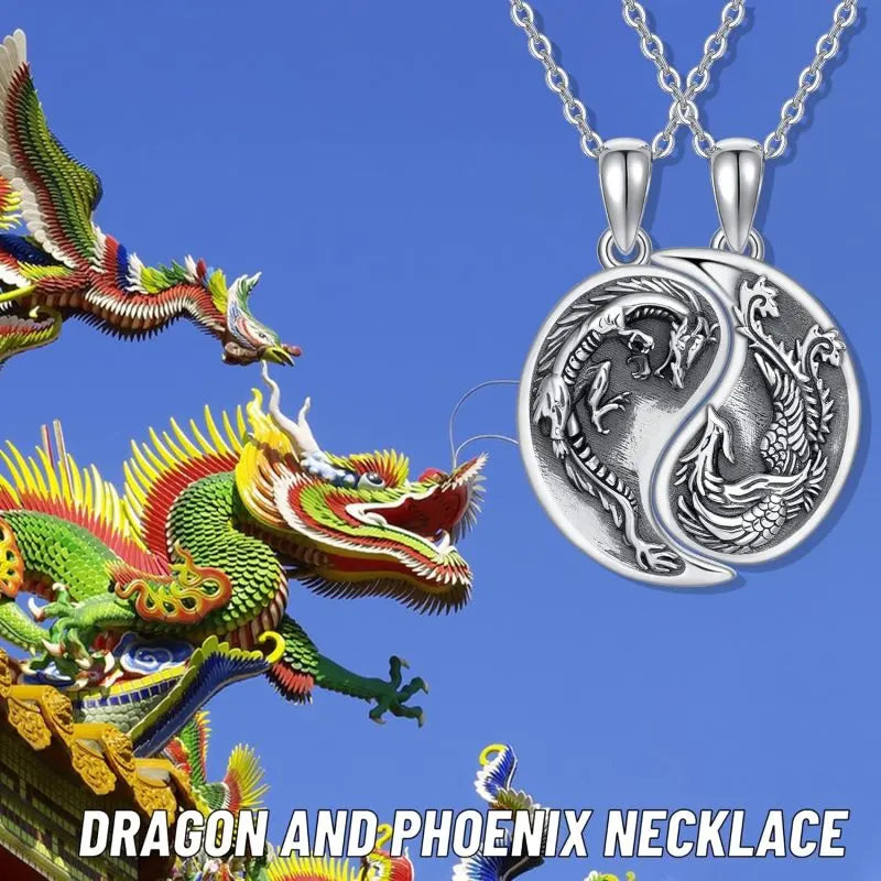 Sterling Silver Dragon & Phoenix Heart Pendant Couples Necklaces for Best Friends Forever (BFF) Set