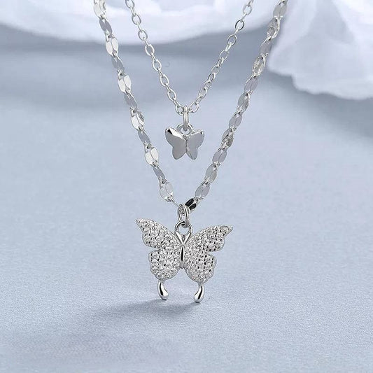 Necklace Womens Silver Plated Double Layer Butterfly Trendy