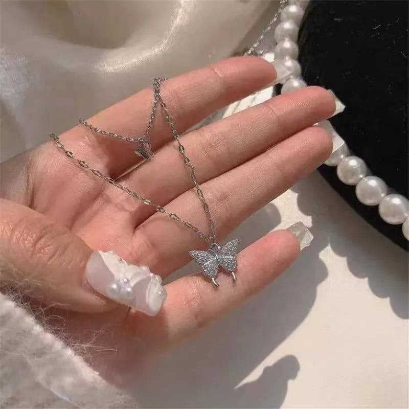 Necklace Womens Silver Plated Double Layer Butterfly Trendy