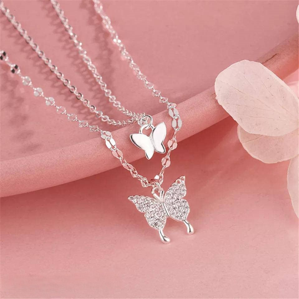 Necklace Womens Silver Plated Double Layer Butterfly Trendy