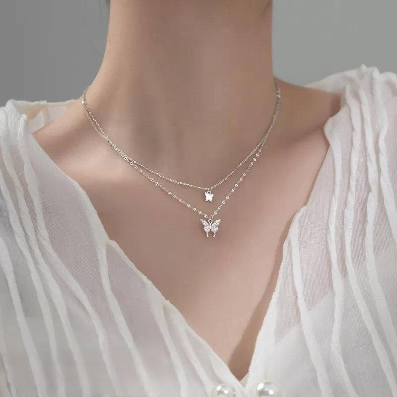Necklace Womens Silver Plated Double Layer Butterfly Trendy