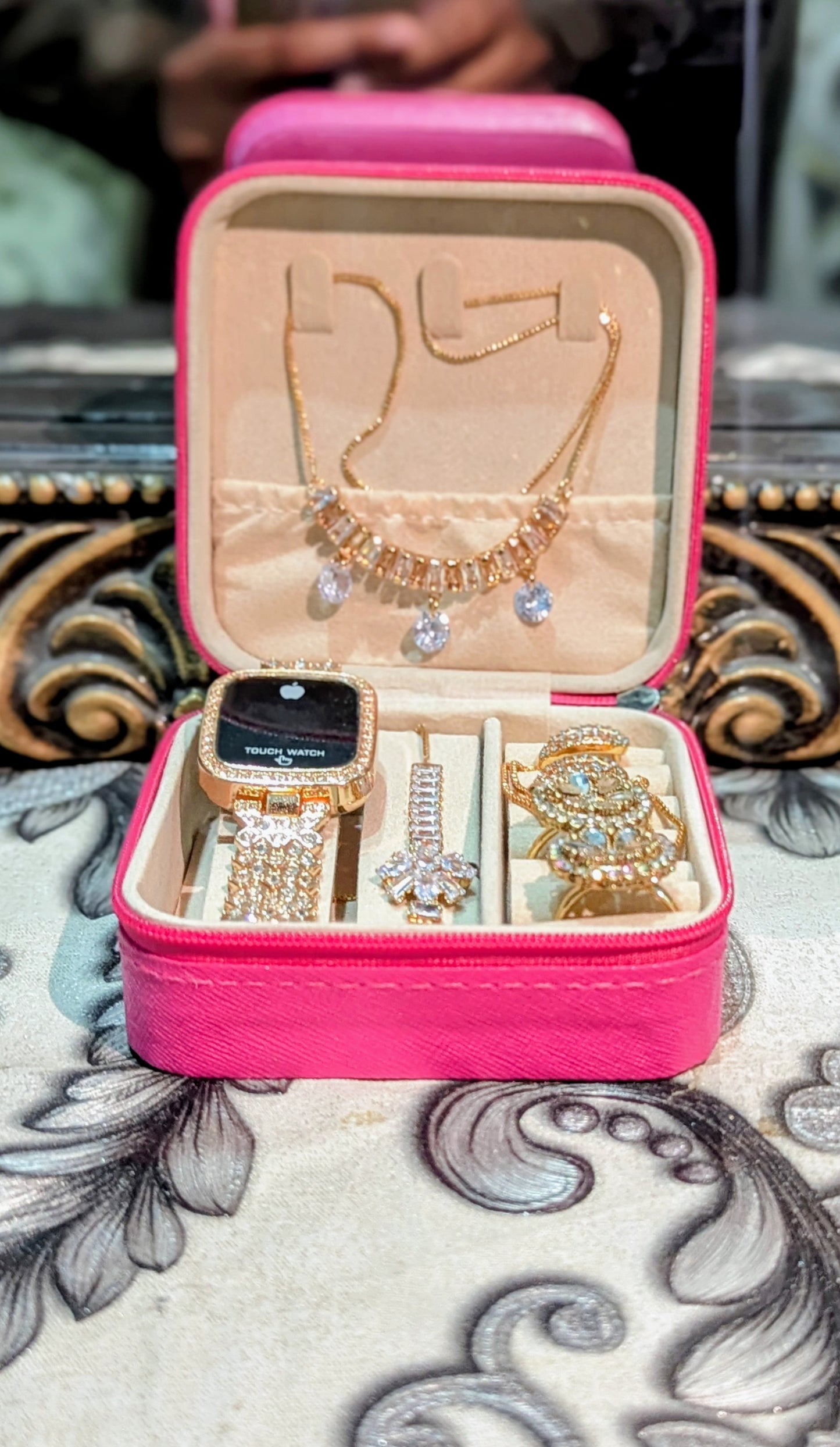 Ladies Jawllery Box - Golden - With Watch, Ring, Braclet, Chain, Ear Rings