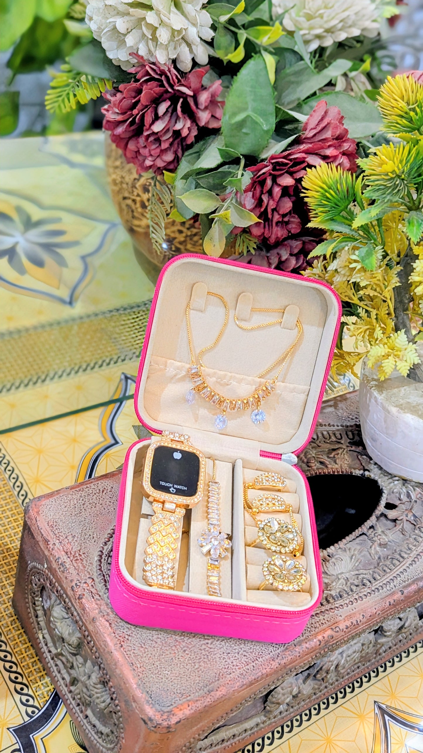 Ladies Jawllery Box - Golden - With Watch, Ring, Braclet, Chain, Ear Rings