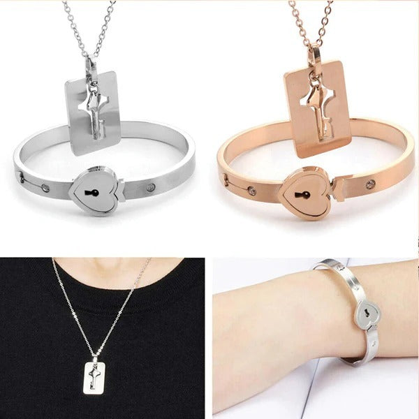 Lock & Key Couple Bracelet Necklace Set